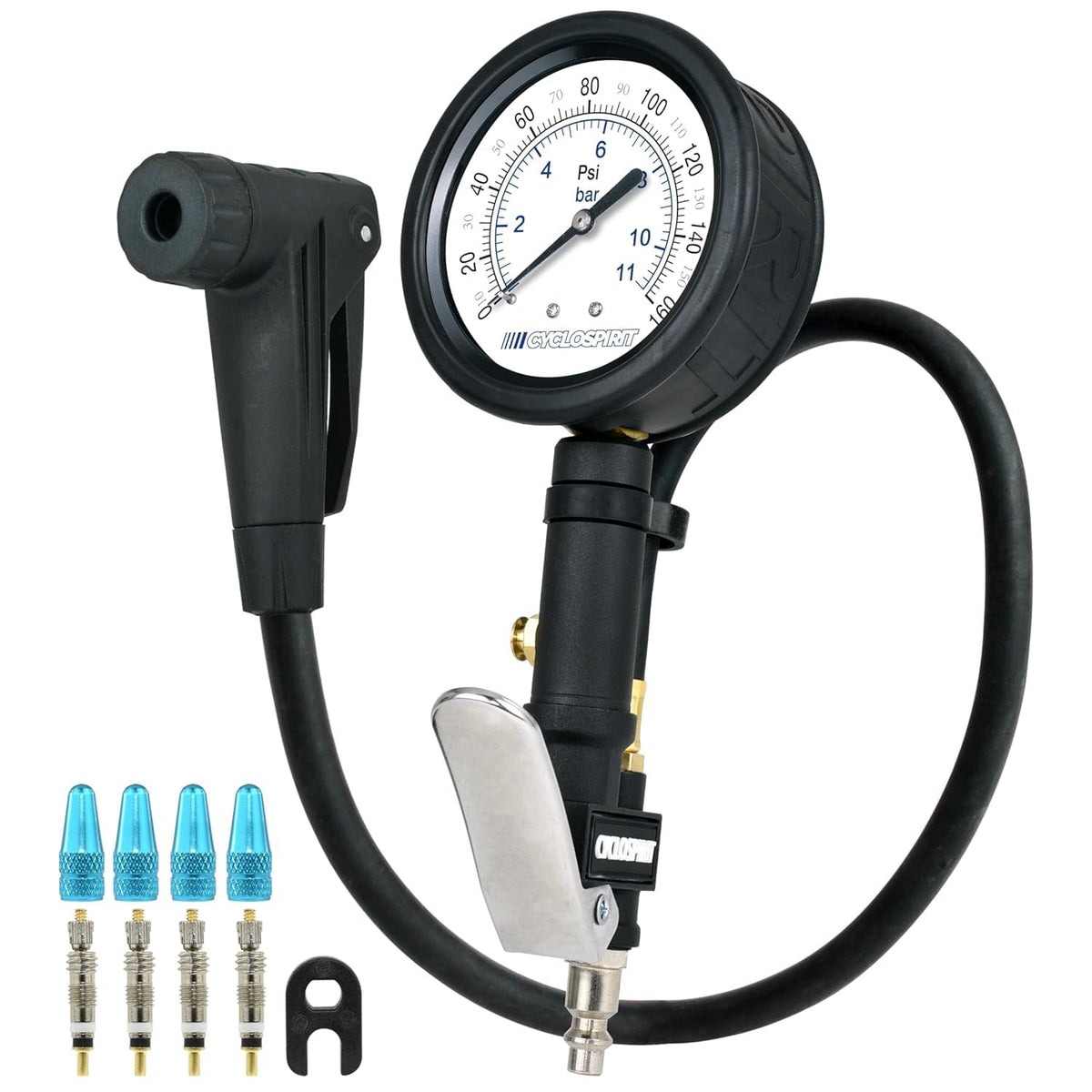 CycloSpirit bike tire inflator with a 3 inch dial gauge, four Presta valve cores, four caps and a core tool