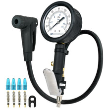 CycloSpirit bike tire inflator with a 3 inch dial gauge, four Presta valve cores, four caps and a core tool