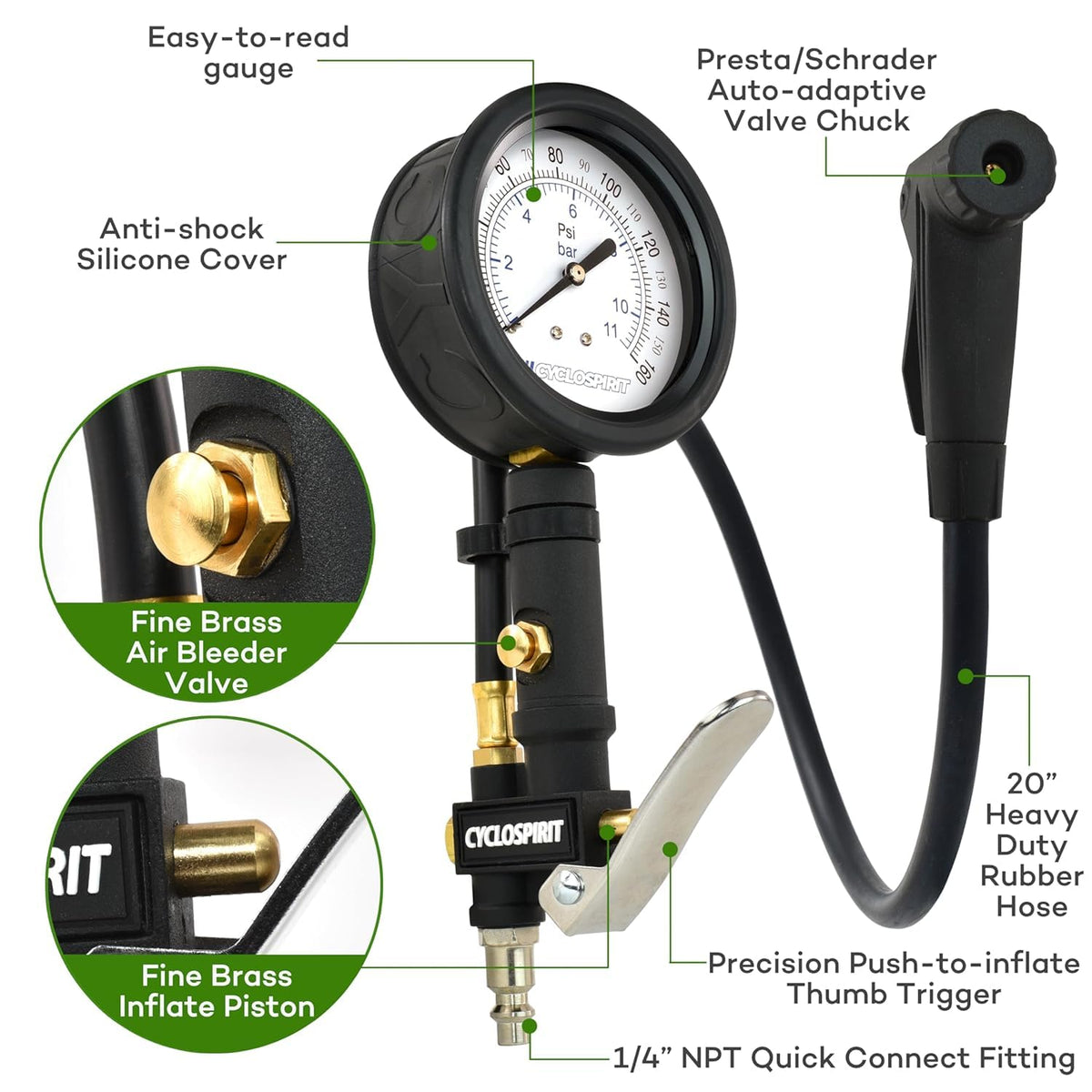 Inflator parts labeled: easy-to-read gauge, silicone cover, brass bleeder valve, thumb trigger, rubber hose, 1/4 inch quick connect fitting