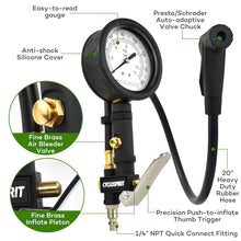 Inflator parts labeled: easy-to-read gauge, silicone cover, brass bleeder valve, thumb trigger, rubber hose, 1/4 inch quick connect fitting