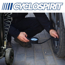 Person inflating a car tire from an air compressor with the CycloSpirit dial inflator
