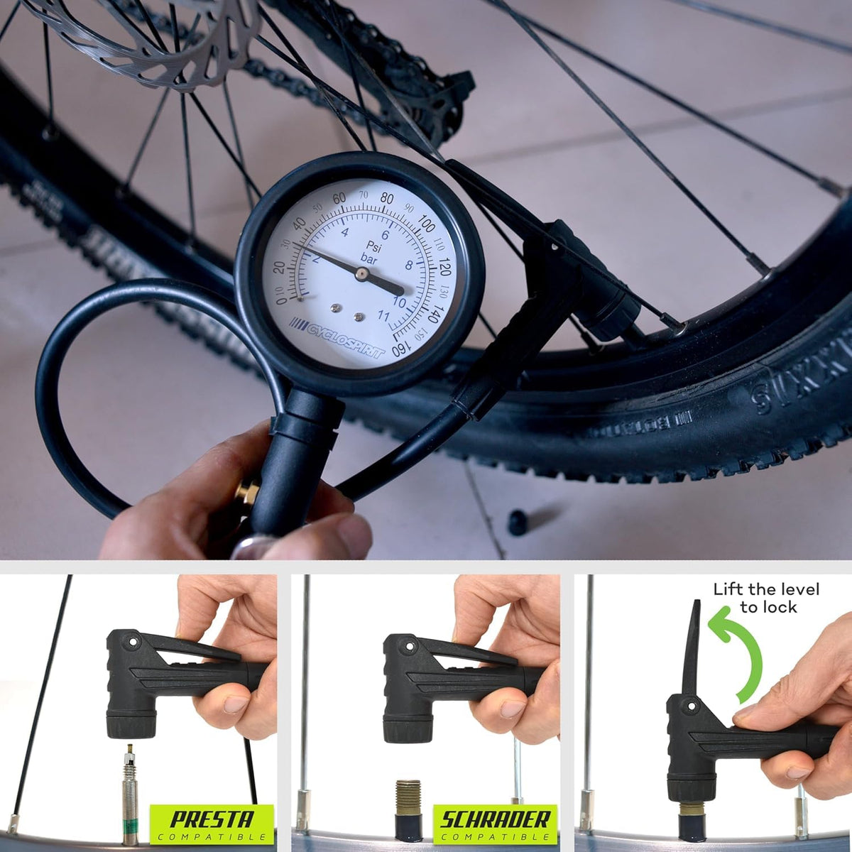 Dial inflator on a mountain bike tire; its head fits Presta and Schrader valves and locks when the lever is lifted