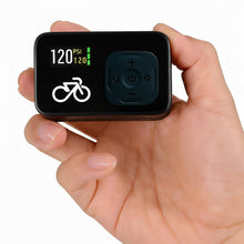 CycloSpirit mini electric bike pump held in one hand, its screen showing 120 psi
