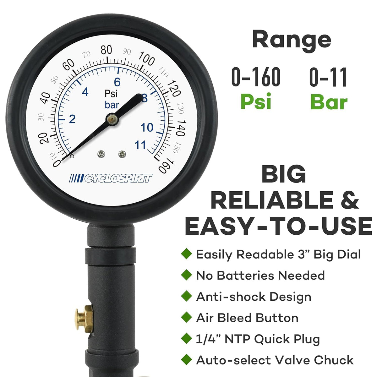 3 inch dial reading 0-160 psi and 0-11 bar: no batteries, anti-shock design, bleed button, quick plug, auto-select chuck