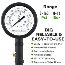 3 inch dial reading 0-160 psi and 0-11 bar: no batteries, anti-shock design, bleed button, quick plug, auto-select chuck