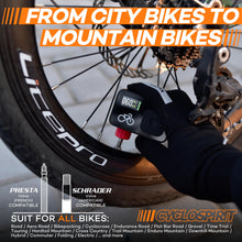 Mini electric pump inflating a bike tire: fits Presta and Schrader valves, for city bikes to mountain bikes