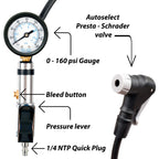 Inflator parts labeled: 0-160 psi gauge, bleed button, pressure lever, 1/4 inch quick plug, auto-select Presta-Schrader head