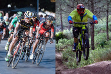 Road racers in a criterium and a mountain biker on a forest trail
