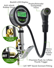 Digital inflator parts labeled: backlit LCD, rubber cover, brass bleeder valve, thumb trigger, rubber hose, 1/4 inch quick connect fitting