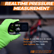 Pump screen showing the pressure in real time: range 2-120 psi, accuracy 1 psi, psi or bar