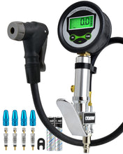 CycloSpirit digital bike tire inflator gauge with four Presta valve cores, four caps, a core tool and two AAA batteries