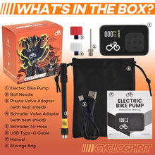 In the box: electric bike pump, ball needle, Presta and Schrader adapters, air hose, USB-C cable, manual, storage bag