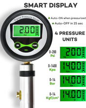 Digital gauge display: on by itself under pressure, off after 25 seconds, four units, 0 to 200 psi