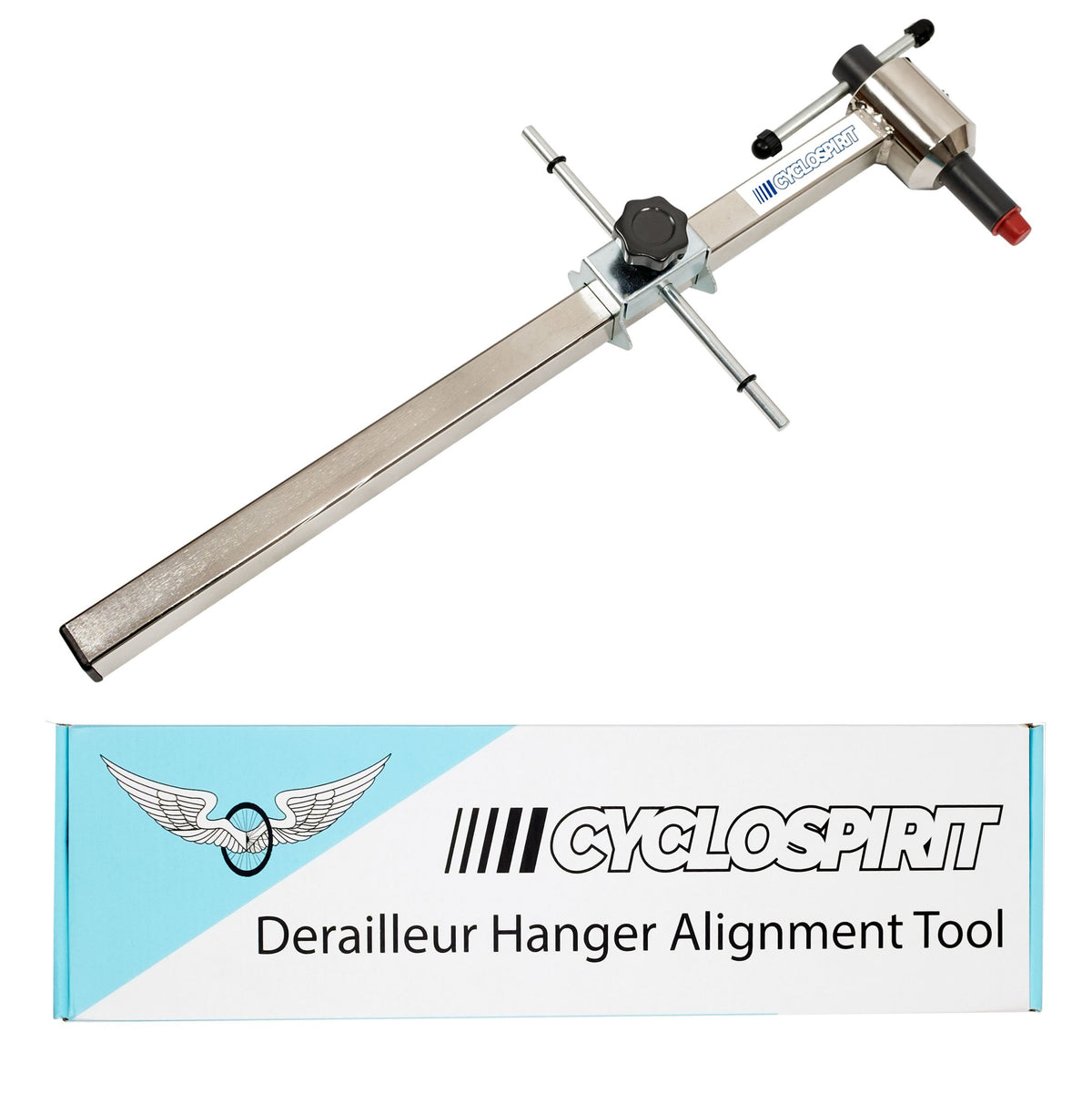 CycloSpirit derailleur hanger alignment gauge shown above its retail box