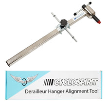 CycloSpirit derailleur hanger alignment gauge shown above its retail box