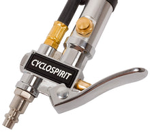 Close-up of the CycloSpirit inflator's pressure lever, bleed button and quick plug