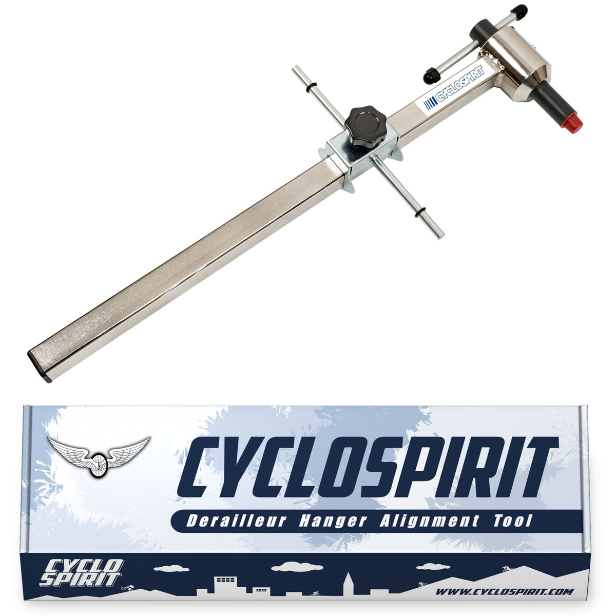 CycloSpirit derailleur hanger alignment gauge above its retail box