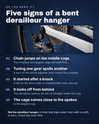 Five signs of a bent derailleur hanger, with the rear derailleur and cassette of a road bike