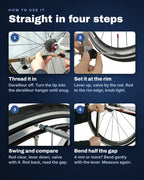 Four steps: thread the gauge in, set the rod at the rim, swing and compare, bend half the gap
