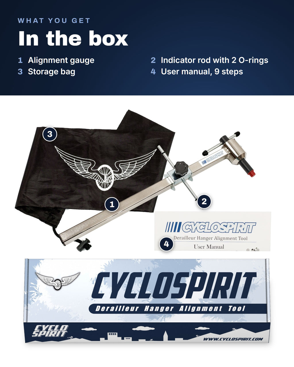 In the box: alignment gauge, indicator rod with 2 O-rings, storage bag and user manual