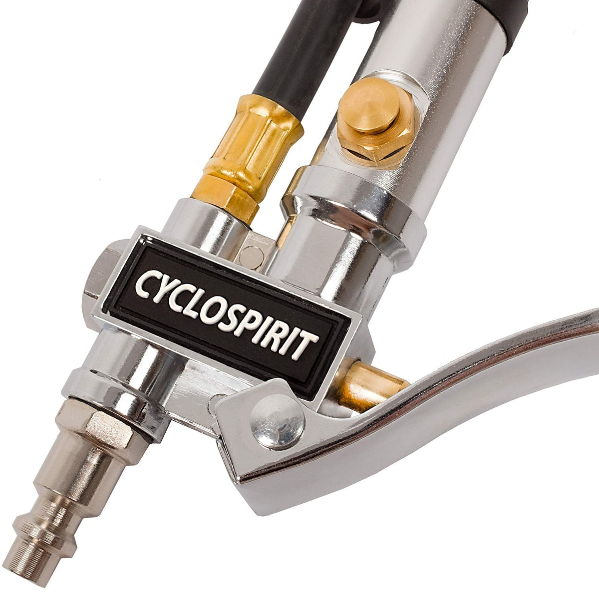 Close-up of the CycloSpirit inflator's pressure lever, bleed button and quick plug