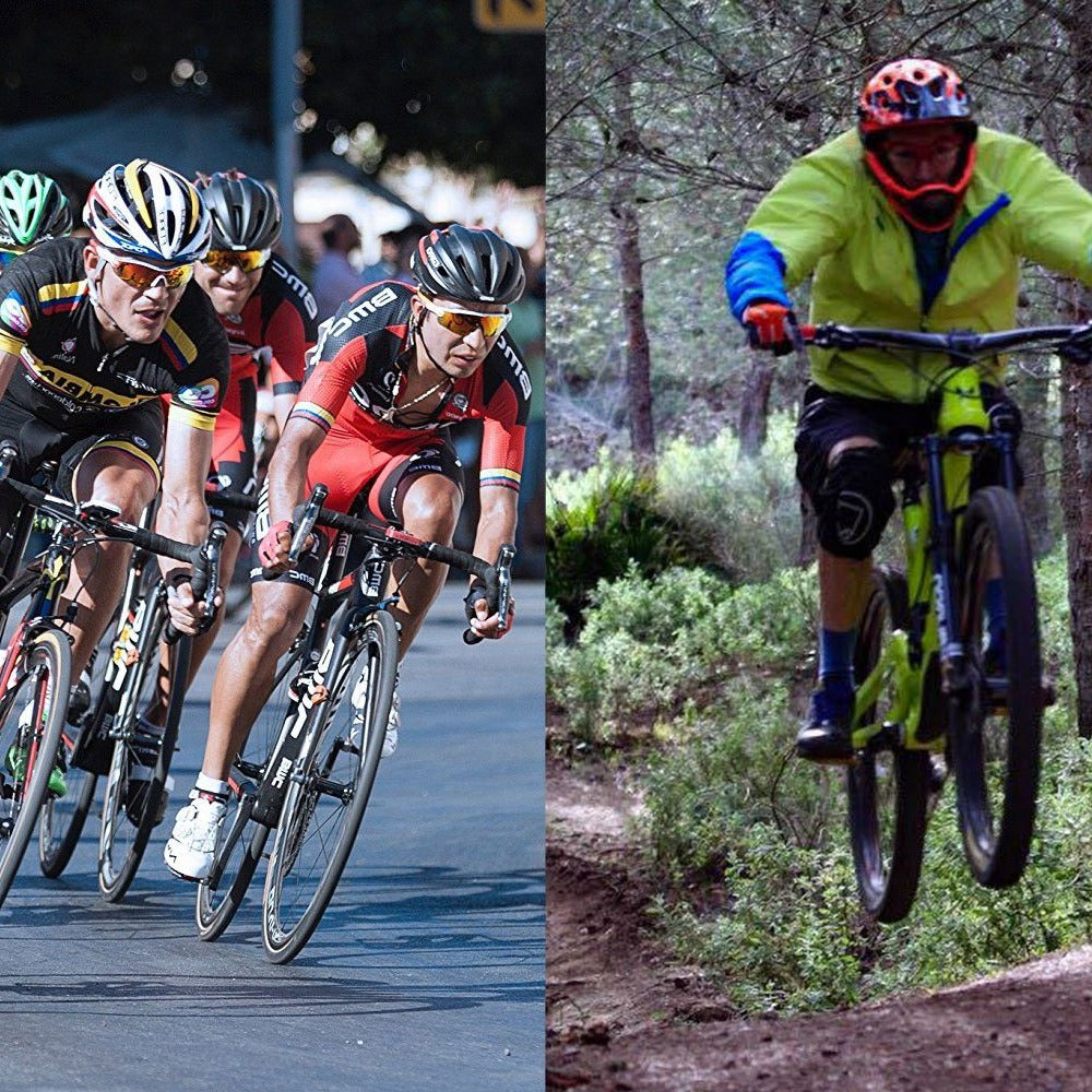 Road racers in a criterium and a mountain biker on a forest trail