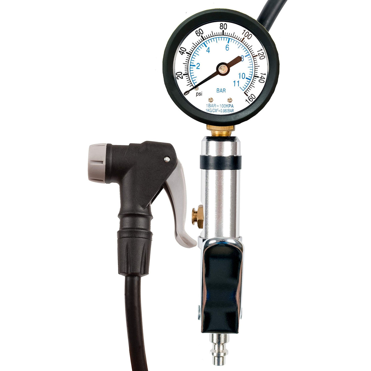 CycloSpirit bike tire inflator with a 2 inch dial gauge reading 0 to 160 psi, and its auto-select valve head