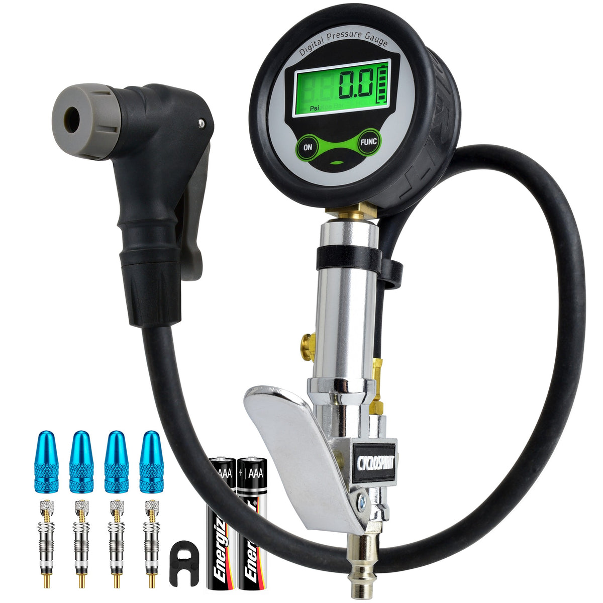 CycloSpirit digital bike tire inflator gauge with four Presta valve cores, four caps, a core tool and two AAA batteries