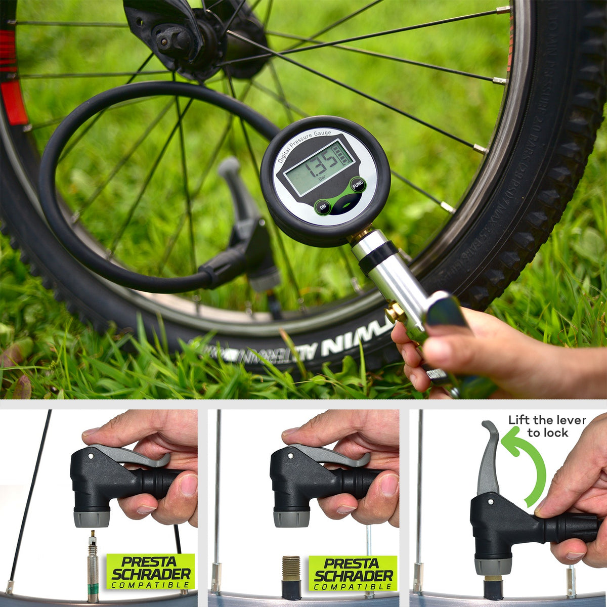 Digital inflator reading the pressure of a bike tire; its head fits Presta and Schrader valves