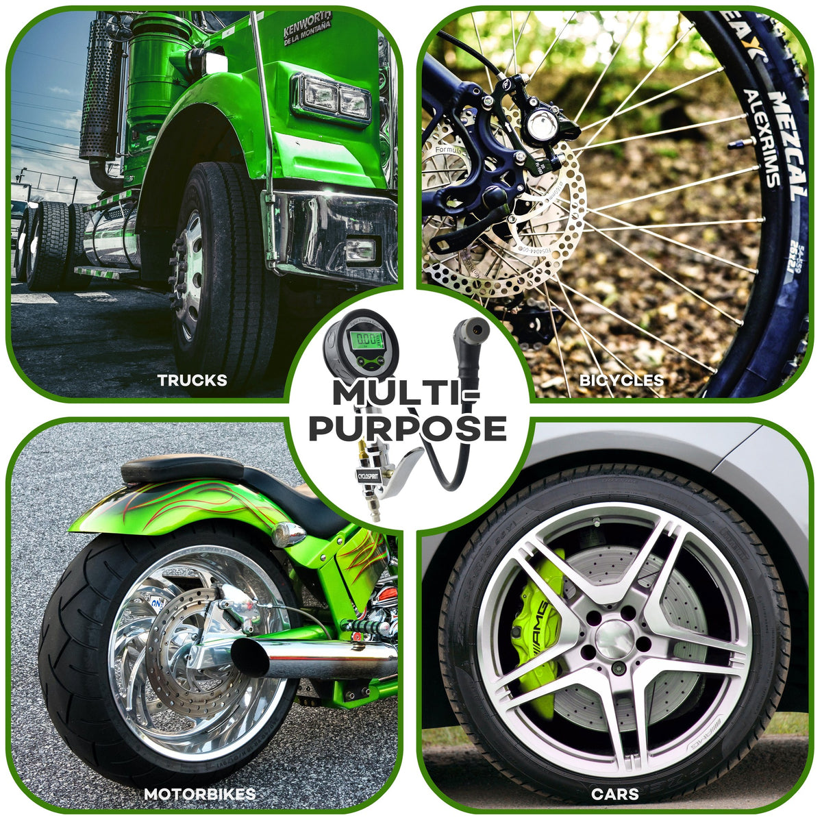 One inflator for trucks, bicycles, motorbikes and cars