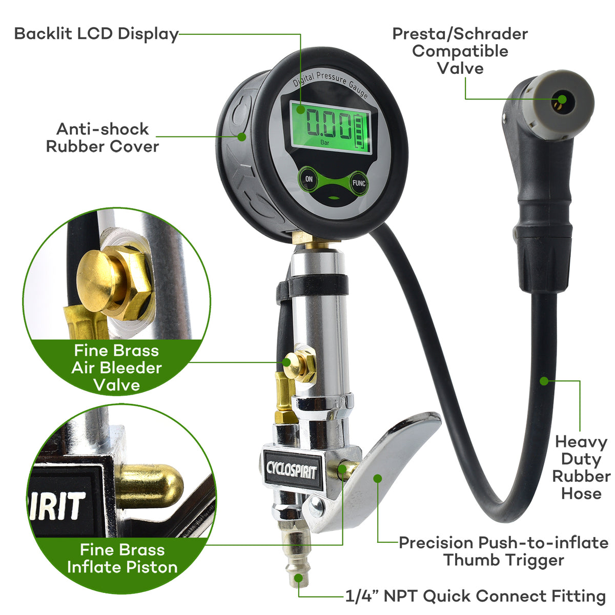 Digital inflator parts labeled: backlit LCD, rubber cover, brass bleeder valve, thumb trigger, rubber hose, 1/4 inch quick connect fitting