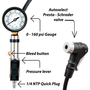 CycloSpirit Universal Bicycle Tire Inflator Gauge with Auto-Select Valve Type - Presta and Schrader Air Compressor Tool